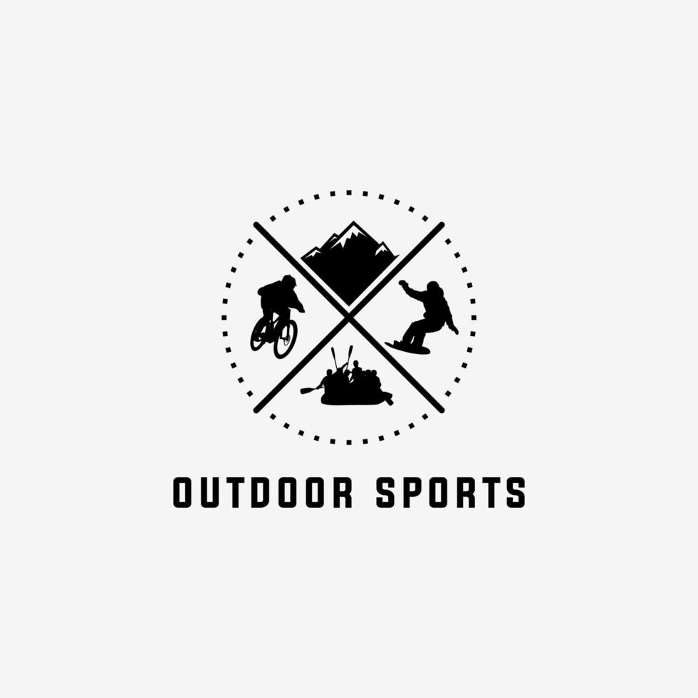 4 element outdoor sports silhouette simple. mount. downhill. snowboard. rafting vector