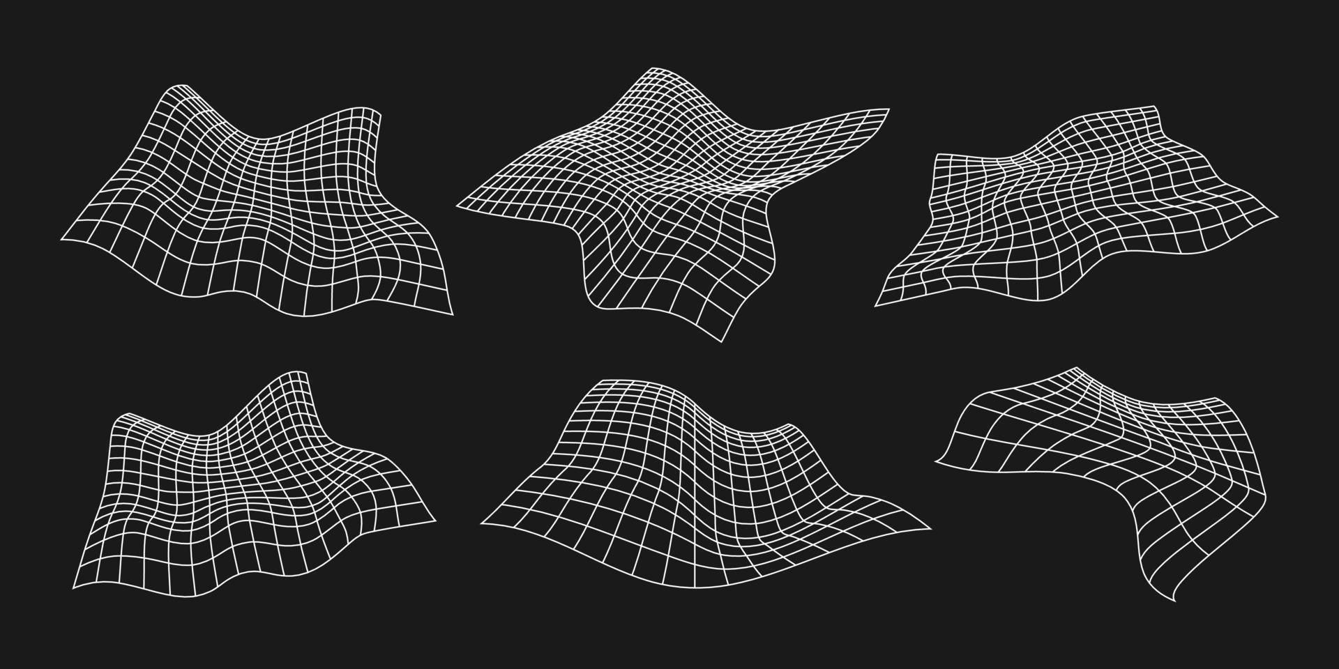 Set of cyber distorted grids, retro punk design elements. Wireframe wave geometry mesh on black background. Vector illustration.