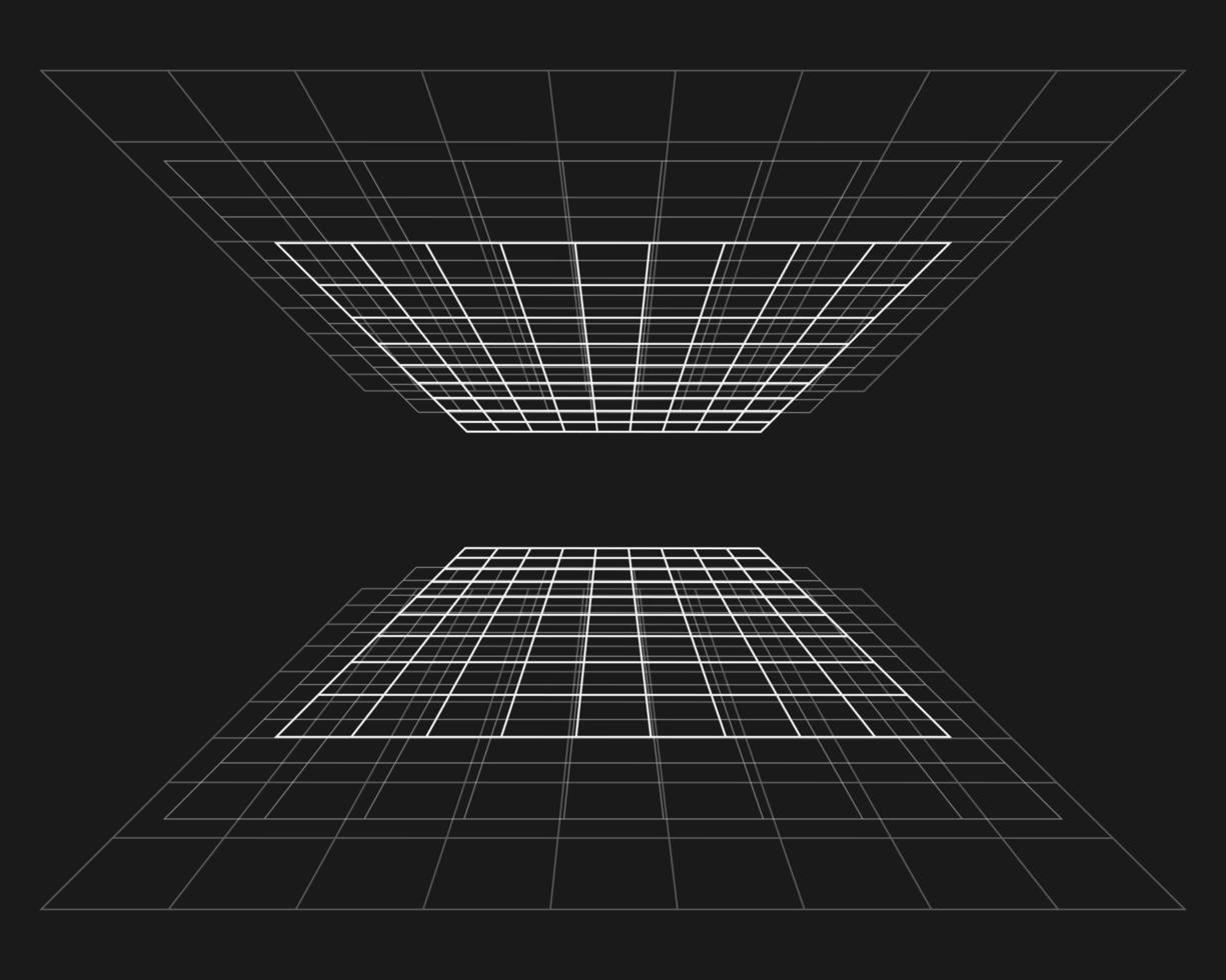 Cyber grid, retro punk perspective rectangular tunnel. Grid tunnel geometry on black background. Vector illustration.