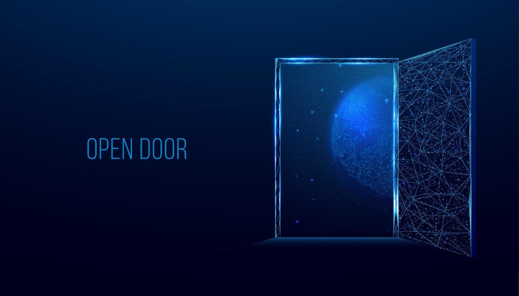 Open door to space, universe. Banner with glowing low poly door on dark blue background. Wireframe low poly design. Abstract futuristic vector illustration.