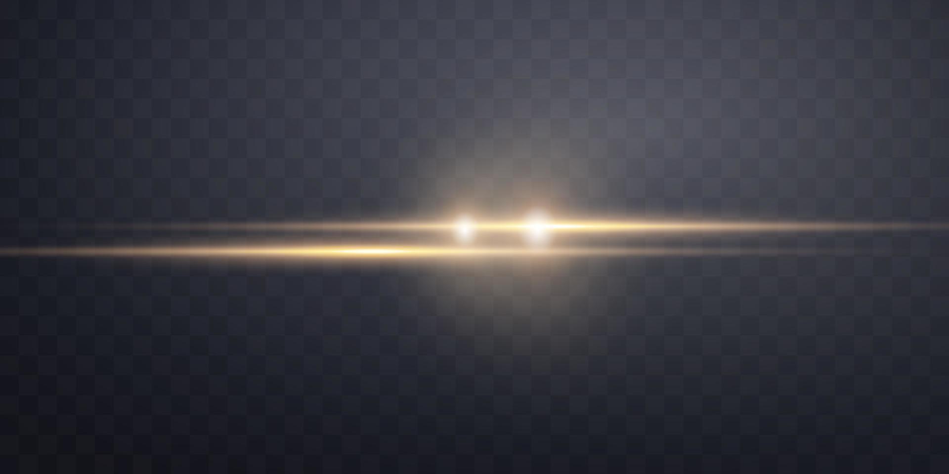 Gold horizontal lens flare. Sun flash with rays or gold spotlight and bokeh. Yellow glow flare light effect. Vector illustration.