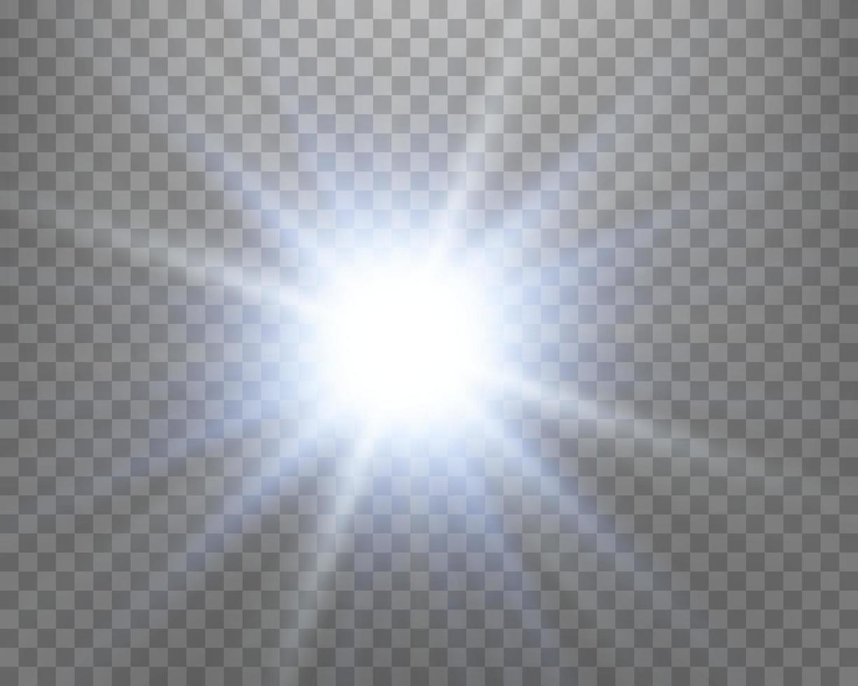 Blue sunlight lens flare, sun flash with rays and spotlight. Vector illustration.