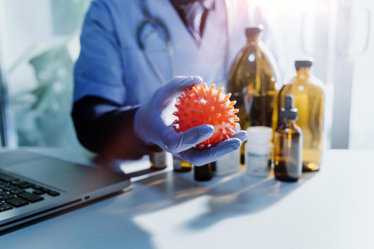Double exposure of technology healthcare And Medicine concept. Doctors using digital tablet and modern virtual screen interface icons panoramic banner, blurred background. photo