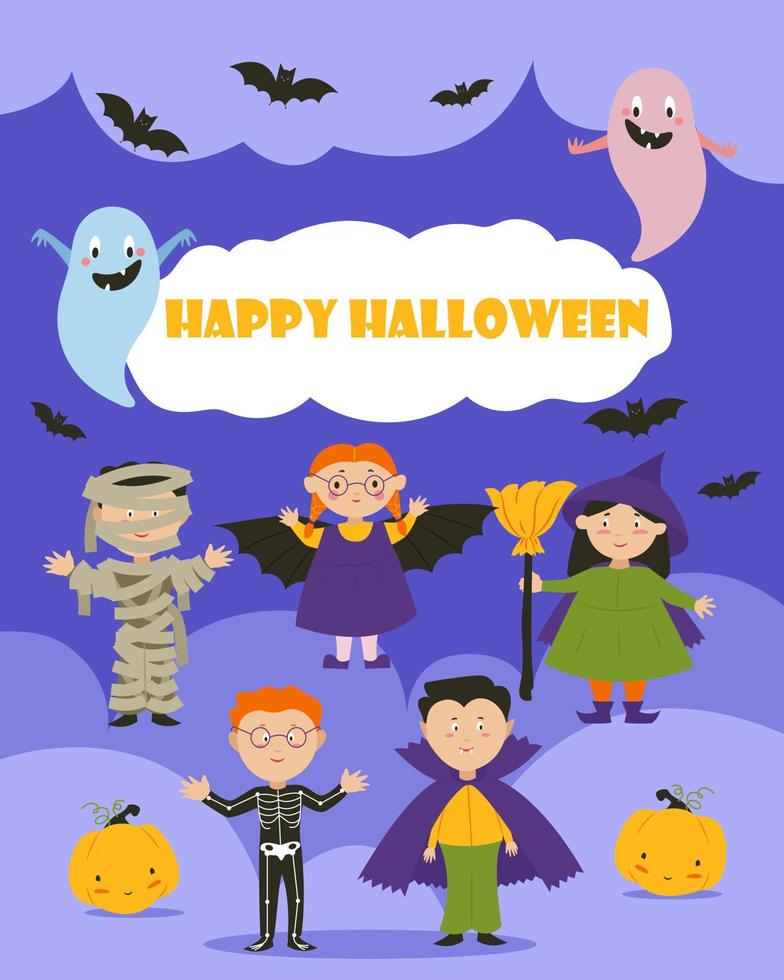 pancarta postal para halloween, niños disfrazados de fantasmas y varias travesuras. ilustración vectorial vector