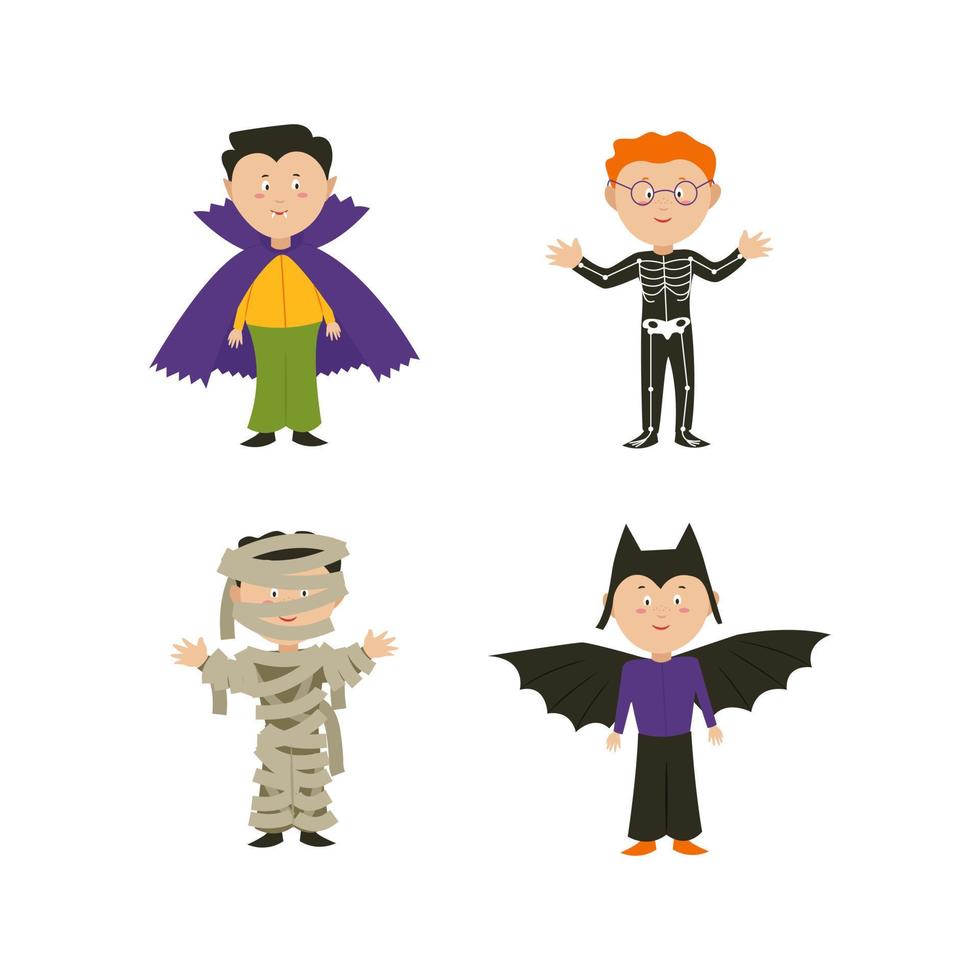 Boys in dracula mummy and skeleton costumes on halloween day. Characters from Halloween. Vector illustration in flat style