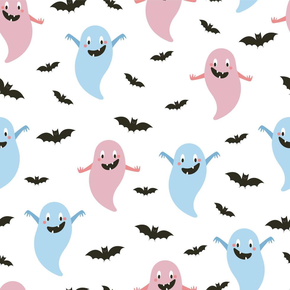 Funny ghosts and bats seamless pattern. Halloween print. Vector illustration in flat style