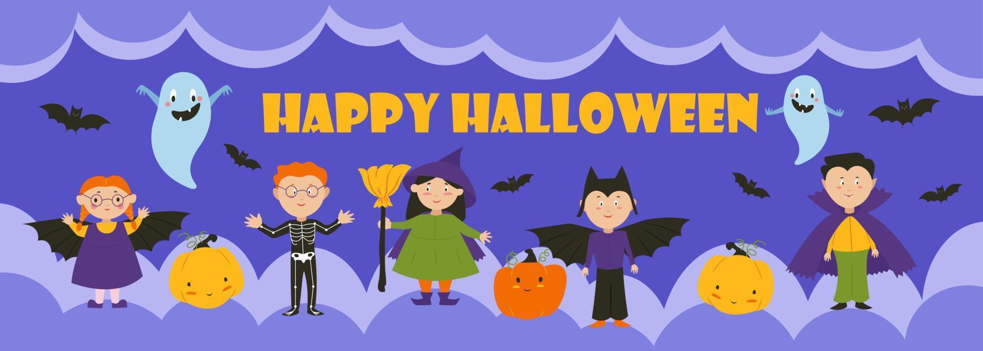niños disfrazados de brujas, vampiros, muerte, fantasmas, calabazas y murciélagos, pancarta de fiesta de halloween. ilustración vectorial vector