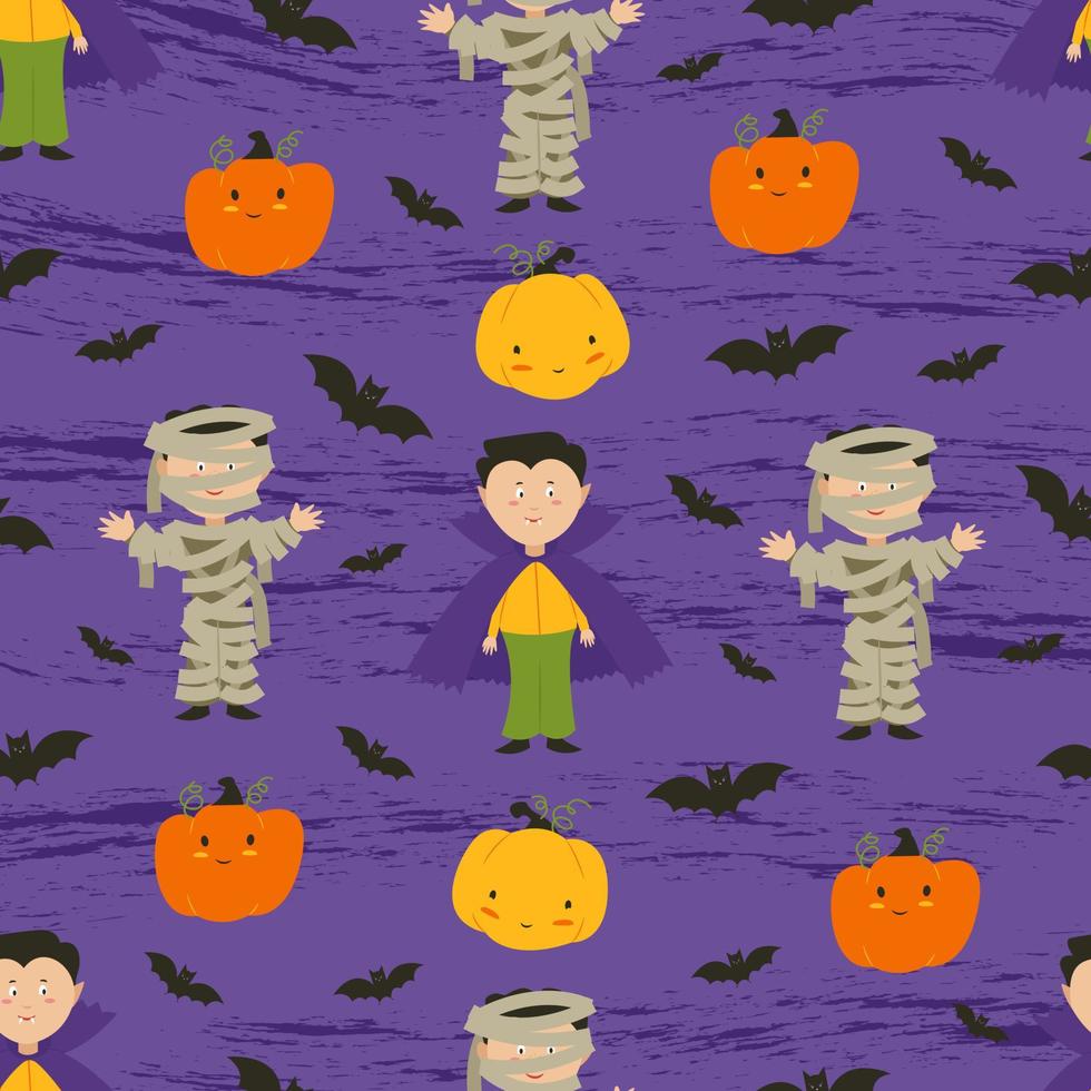 Halloween ghosts. Children in Halloween costumes, pumpkins and bats. Flat illustration. Vector seamless pattern.