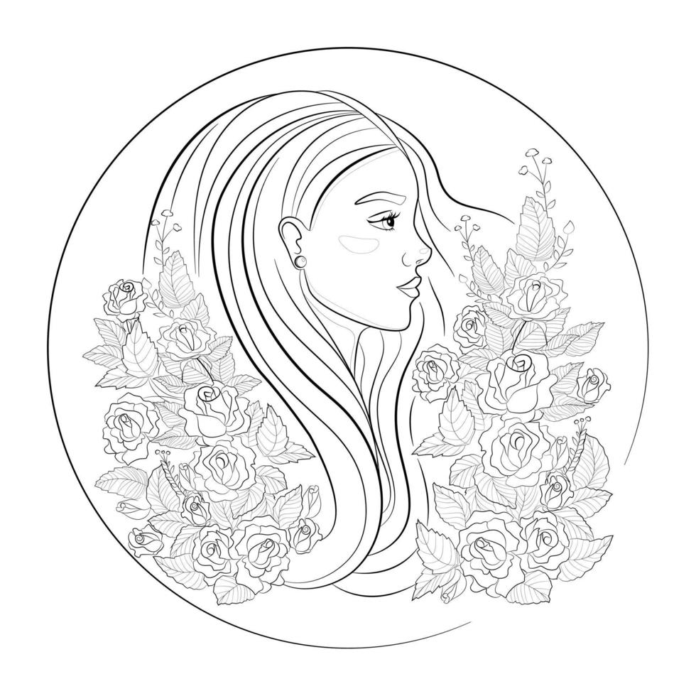 Beautiful young girl among roses. Coloring book for children and adults. Vector line art illustration