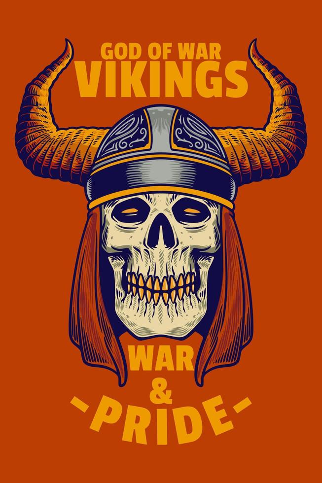cabeza de cráneo usar casco vikingo cartel de tarjeta ilustración vectorial vector