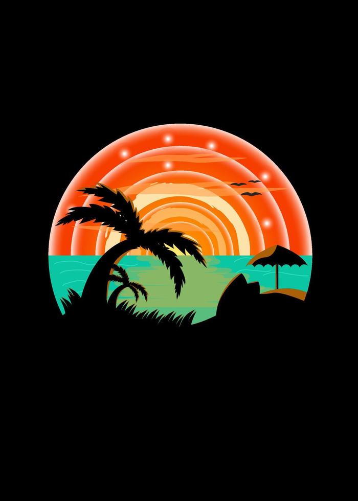 vista de la puesta de sol en la playa, hermoso diseño de ilustración plana en un círculo, vector