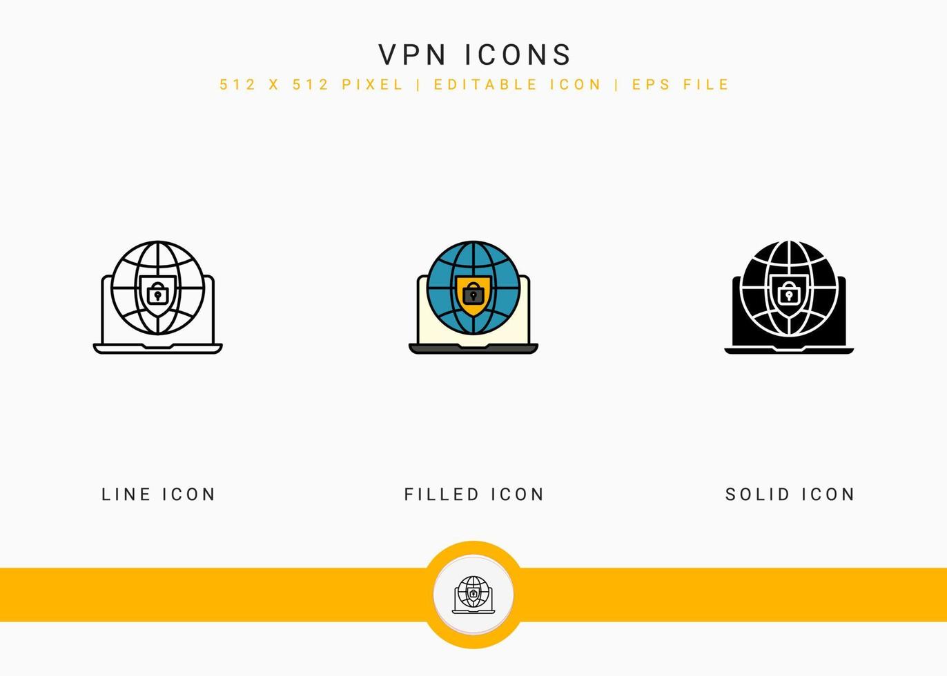 VPN icons set vector illustration with solid icon line style. Secure server concept. Editable stroke icon on isolated background for web design, user interface, and mobile application