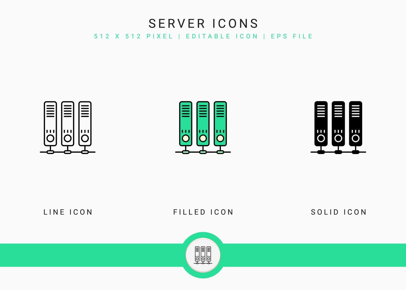 los iconos del servidor establecen una ilustración vectorial con un estilo de línea de icono sólido. concepto de datos de nube web. icono de trazo editable en un fondo aislado para diseño web, interfaz de usuario y aplicación móvil vector