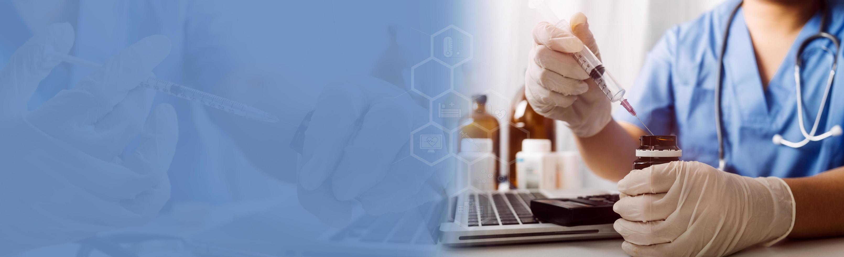 Double exposure of technology healthcare And Medicine concept. Doctors using digital tablet and modern virtual screen interface icons panoramic banner, blurred background. photo