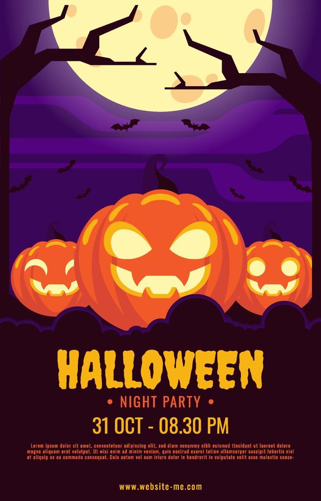 diseño de cartel de fiesta de noche de halloween en estilo plano con calabaza vector