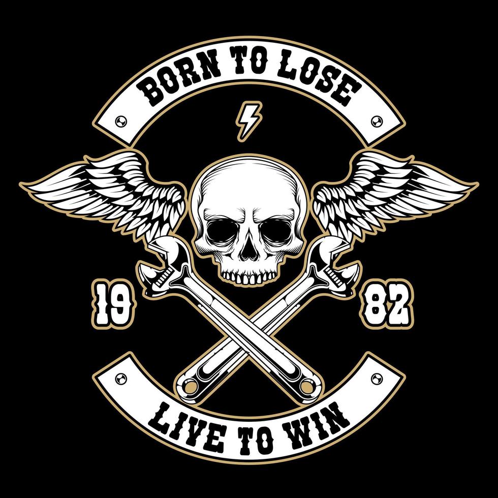 Vintage motorcycle logo with skull, wings and wrench vector