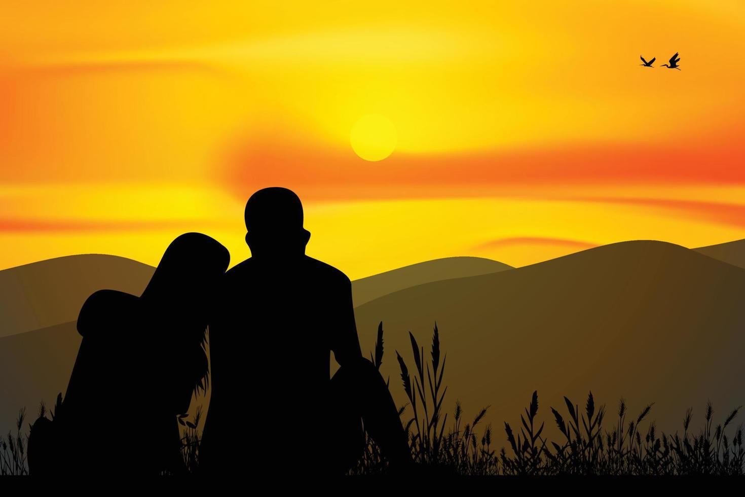 cute couple with sunset silhouette vector