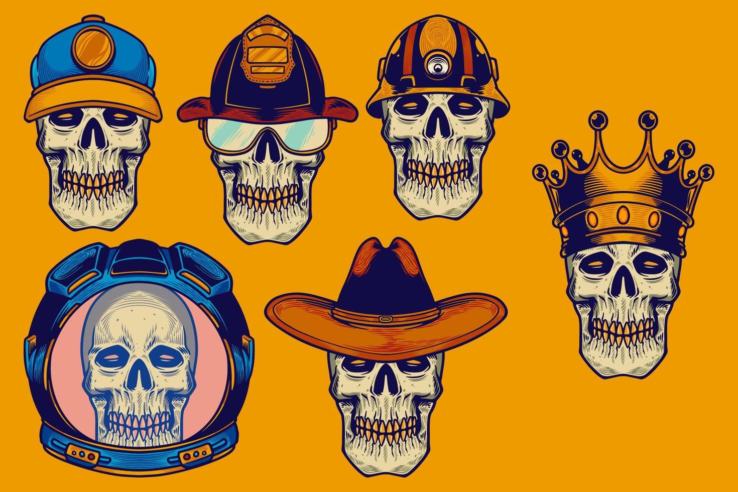 various skull and head gear vector illustration set cartoon style