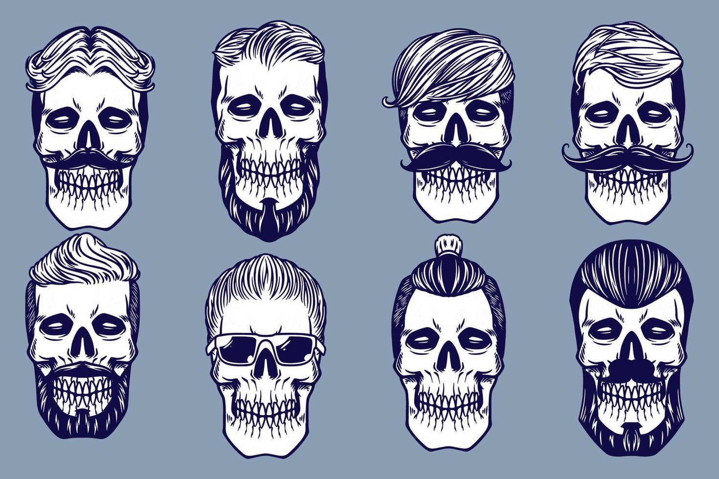 various skull's hair vector illustration set monochrome style