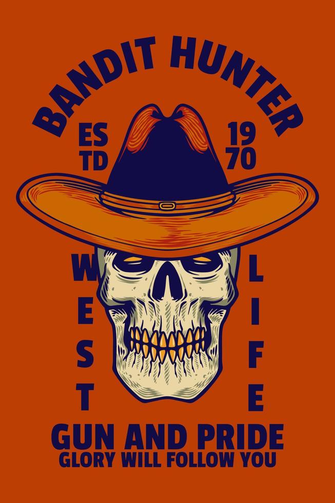 skull head with cowboy hat card poster vector illustration