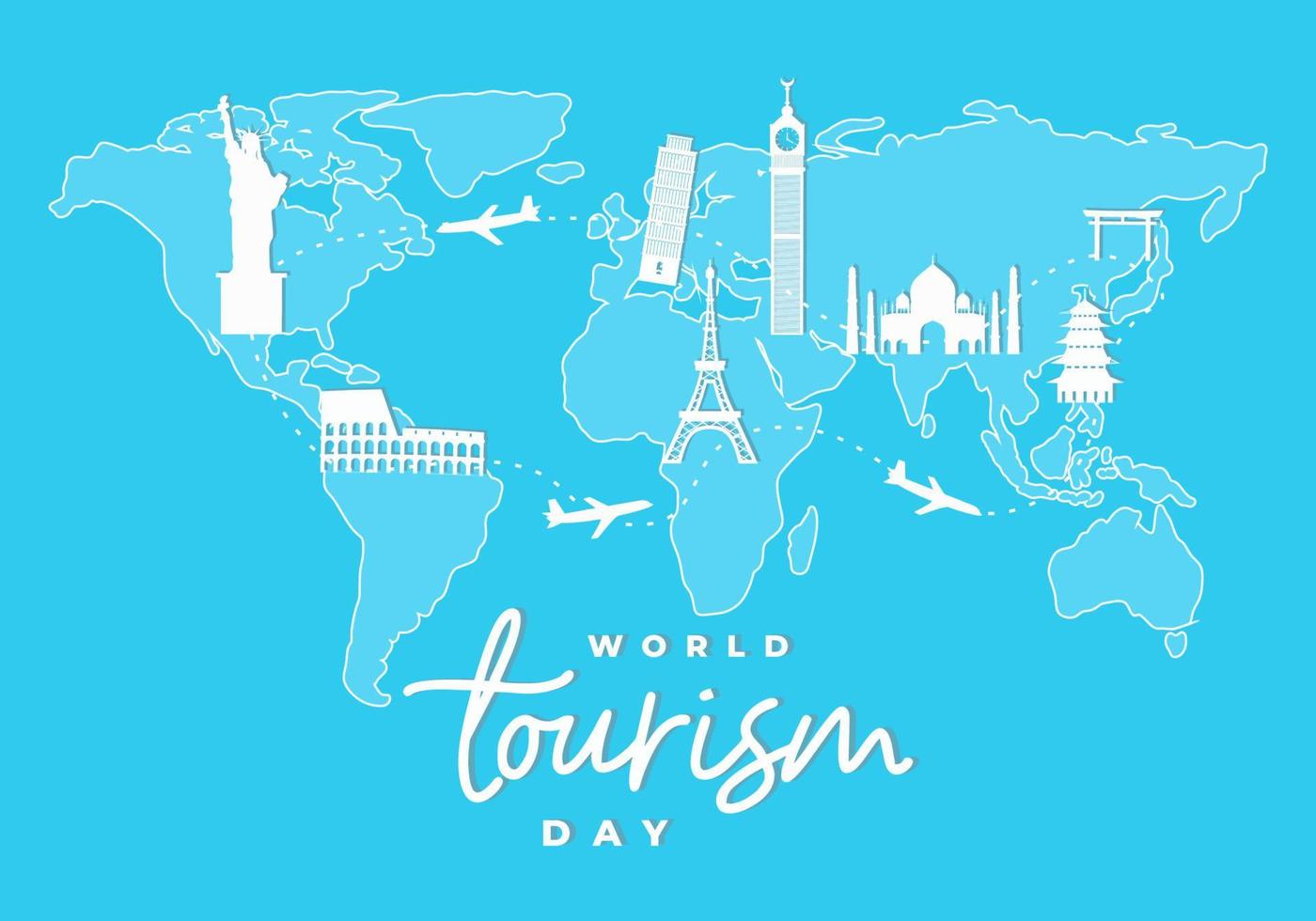 cartel de fondo del día mundial del turismo con mapa de la tierra e icono turístico el 27 de septiembre. vector