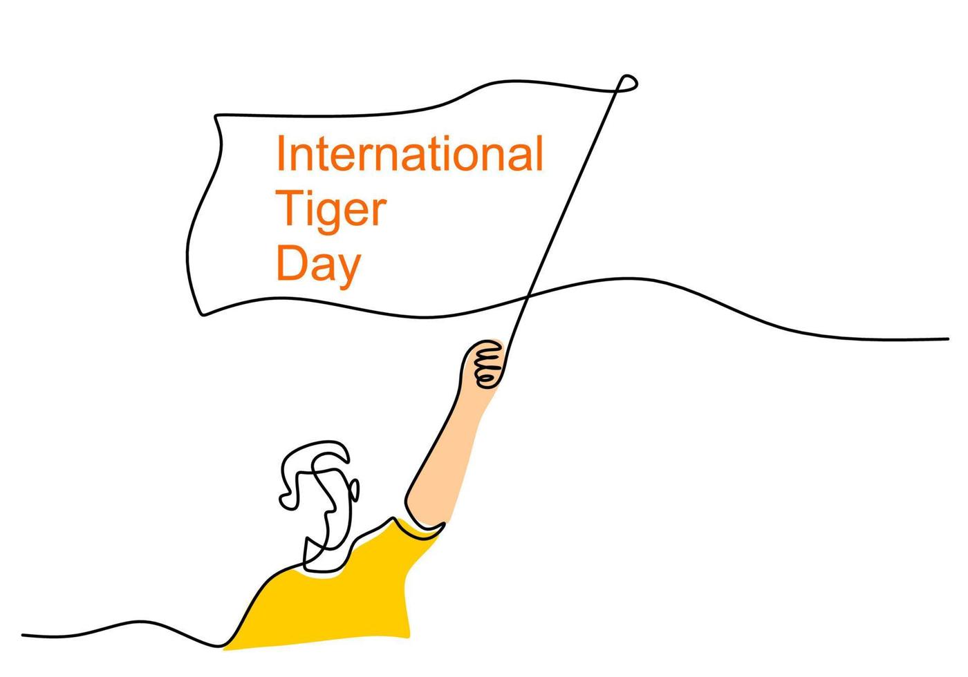 One continuous single line international tiger day with man bring flag vector