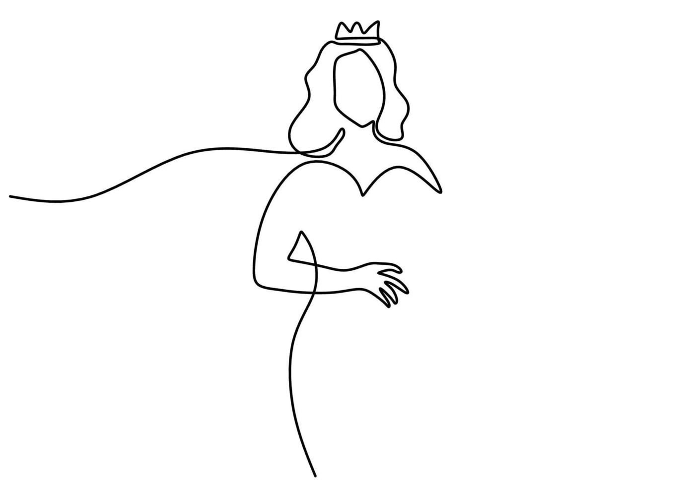 One continuous single line hand drawing of woman queen wear crown gown vector
