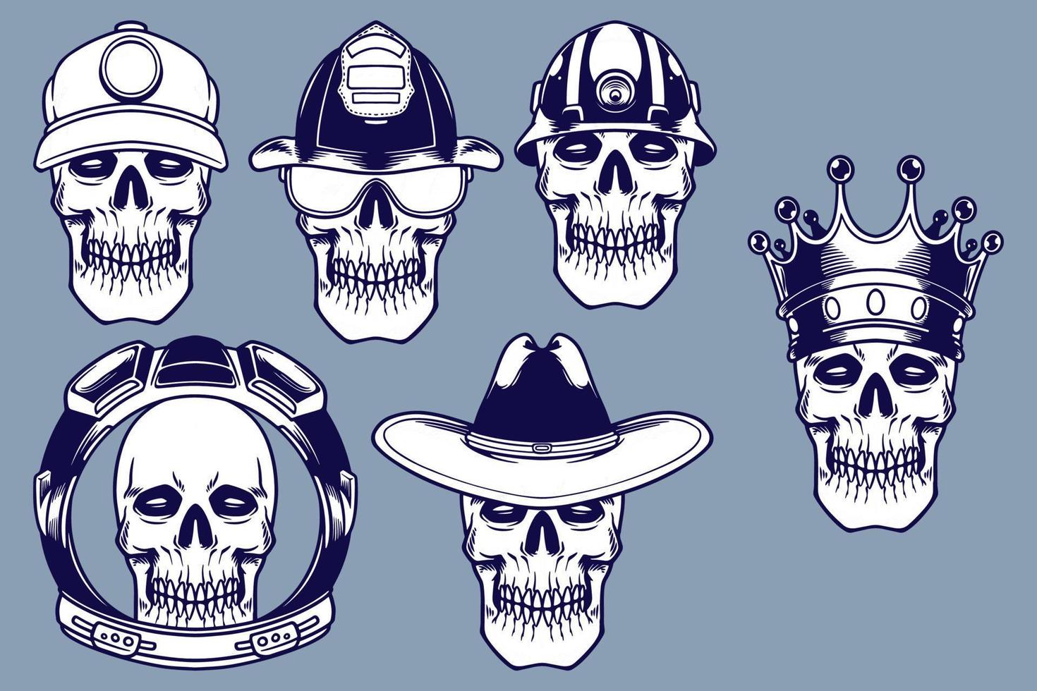 varios cráneos y engranajes para la cabeza conjunto de ilustraciones vectoriales estilo monocromo vector