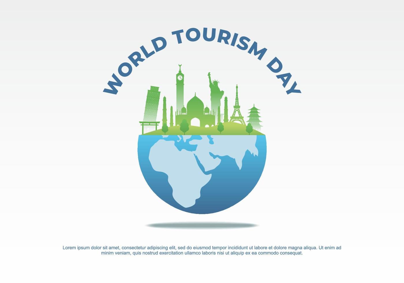World tourism day background banner poster with globe earth and tourist building on september 27. vector