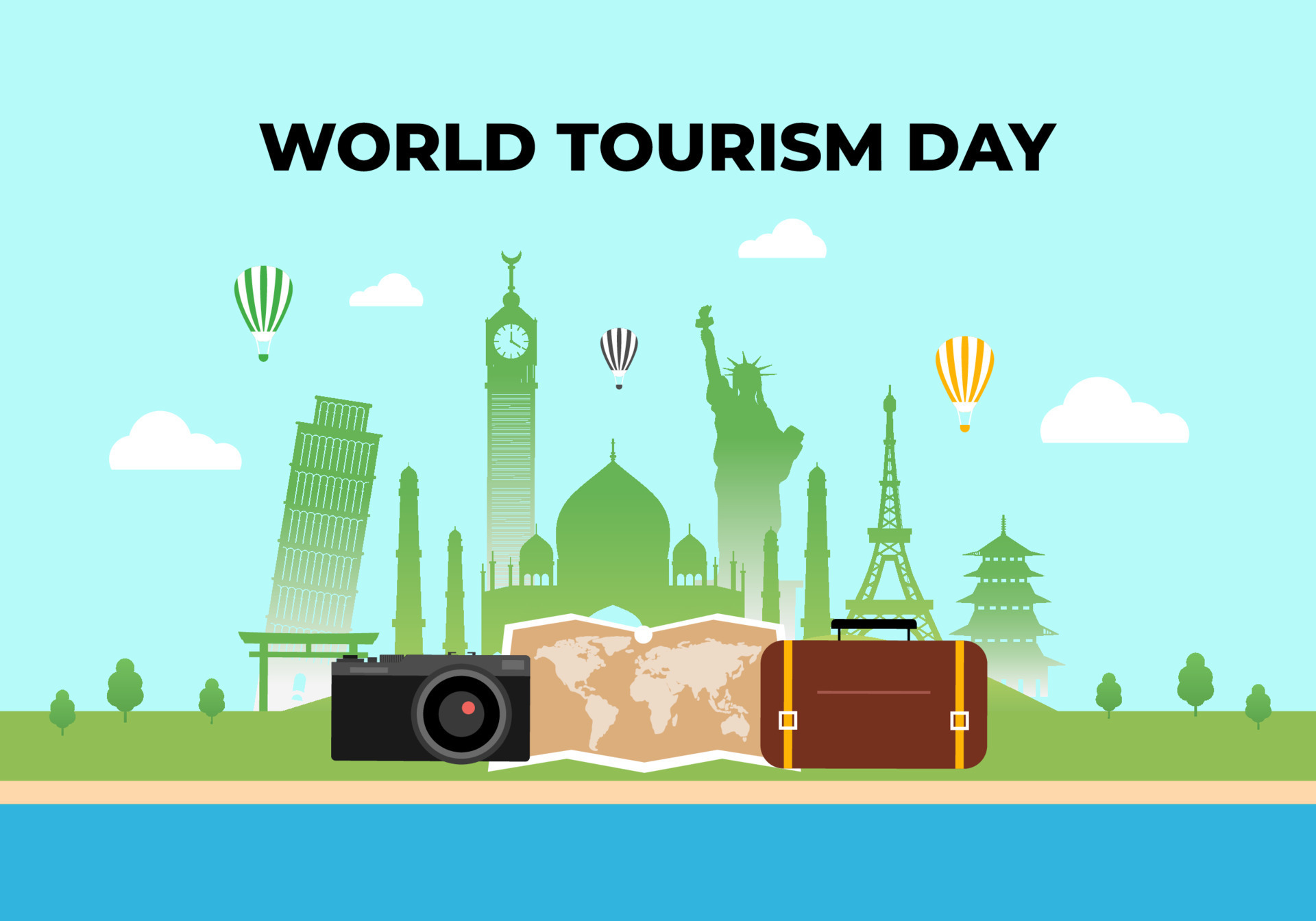 World tourism day background banner poster with camera, map, suitcase