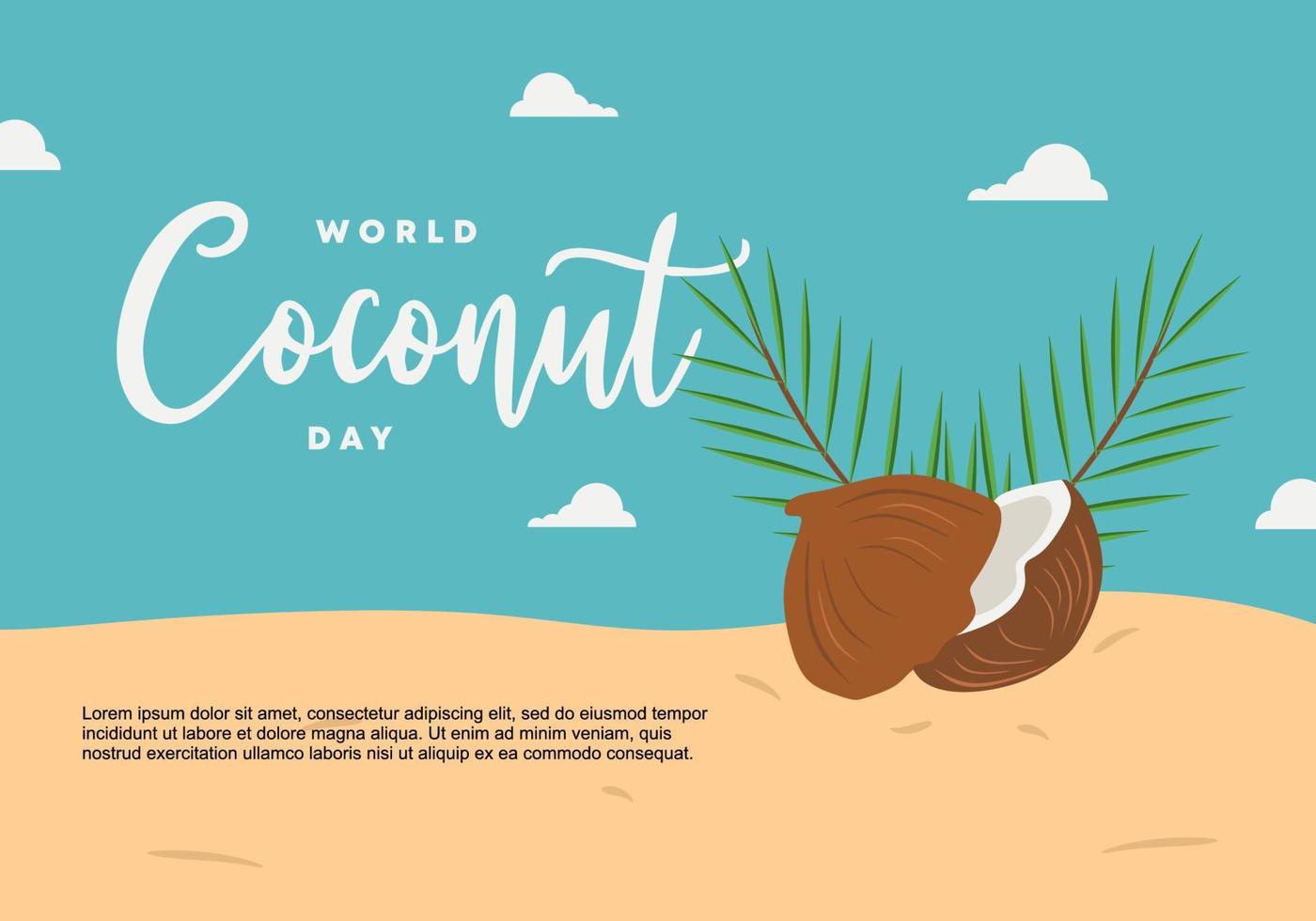 día mundial del coco con coco en la arena el 2 de septiembre. vector