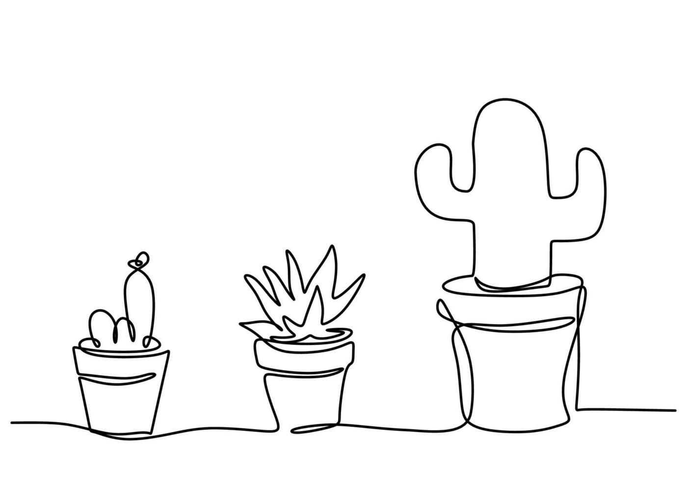 One continuous single line hand drawing of three Cactus vector