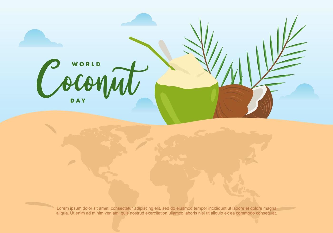 día mundial del coco con mapa del globo terrestre y dos cocos el 2 de septiembre vector