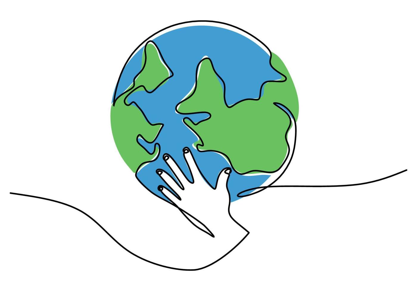 One continuous single line hand drawing of hand hold globe earth vector