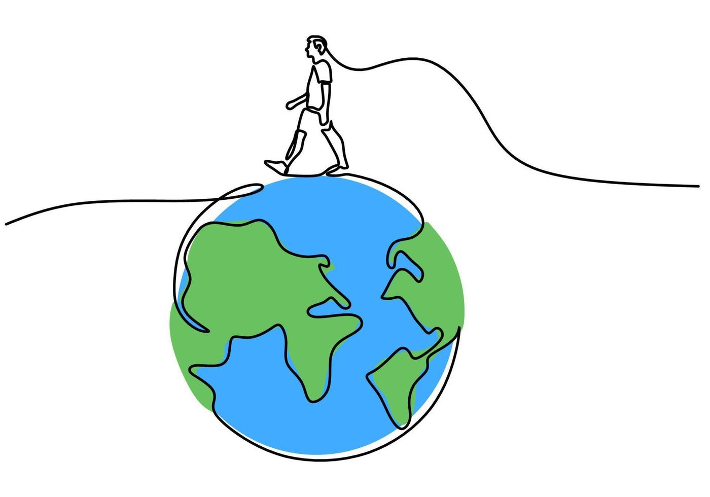 One continuous single line hand drawing of man walking on earth globe vector