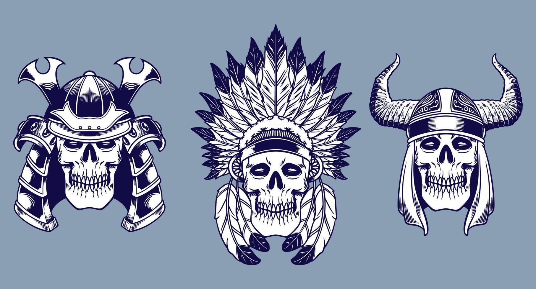 various skull and headdress vector illustration set monochrome style
