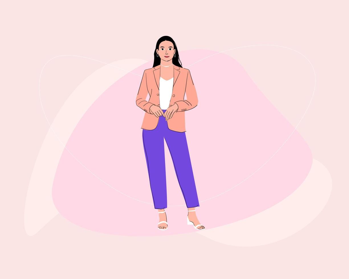 A successful woman stands in a cool outfit. Business woman smiling. vector