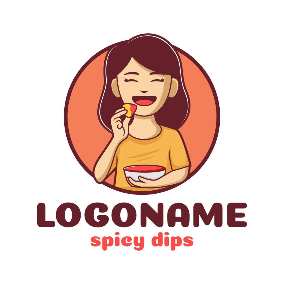 Girl eating snack with dips sauces, dips logo template vector