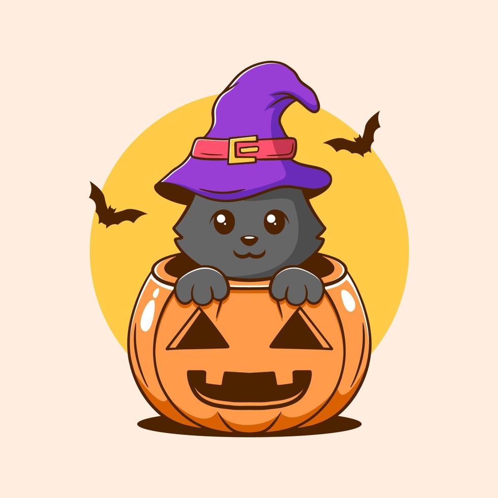 Cute black cat inside Halloween pumpkin vector illustration