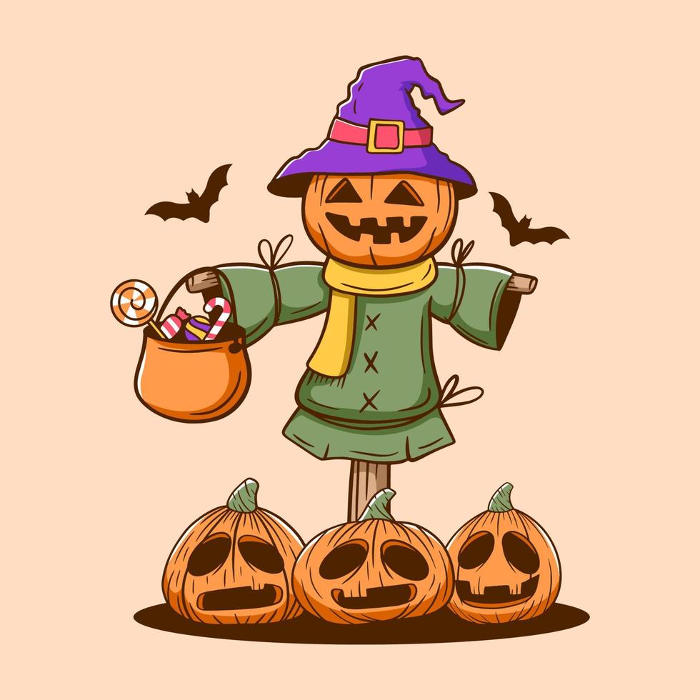 Hand drawn of cute scarecrow halloween illustration vector