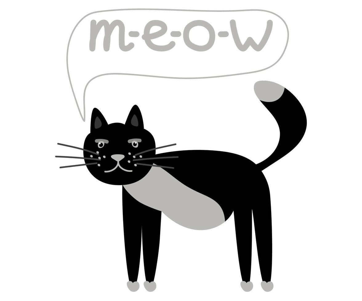 Black serious cat with a mustache meows. Cute and fat. Vector cartoon illustration isolated on a white background.