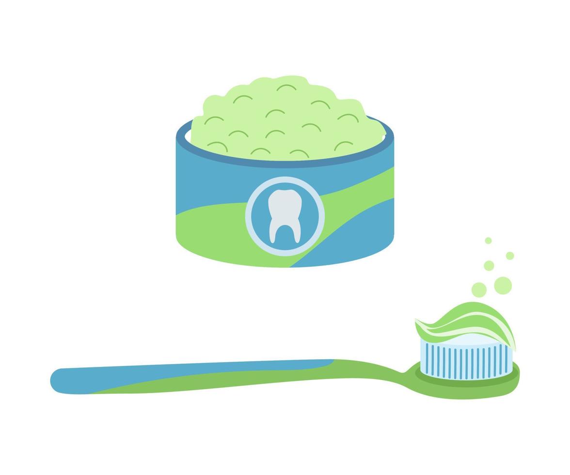 Toothpaste, brush and powder, oral hygiene products. Vector dental illustration for design and decoration.