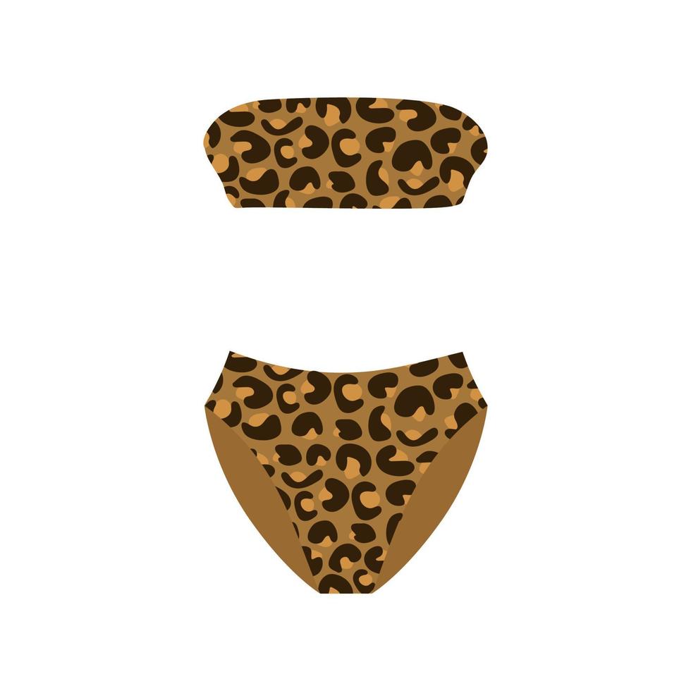 Split women's swimsuit with natural leopard print without straps. Fashionable illustration of clothes for sea holidays and sunbathing in hot summer. vector