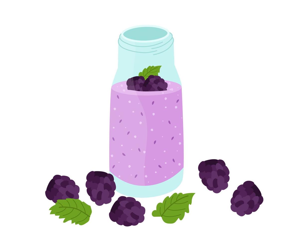 Smoothies with blackberries. Bright colorful summer set of ingredients. Vector illustration of healthy refreshing drinks.