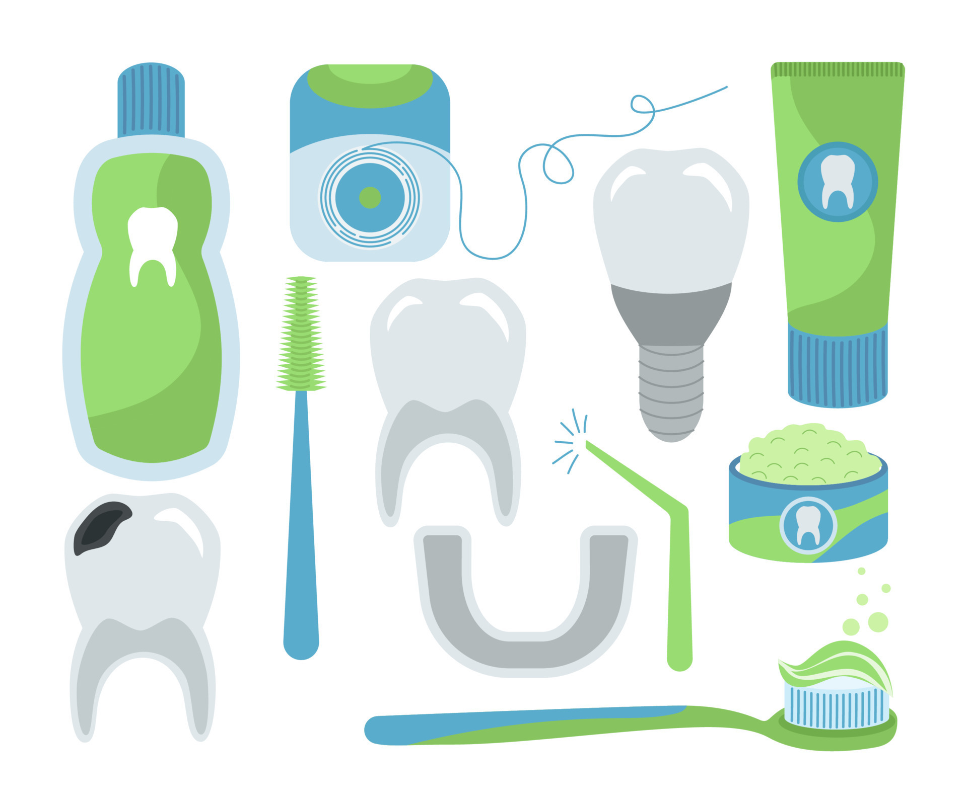 Teeth and oral hygiene products. Toothbrush, floss, paste, powder