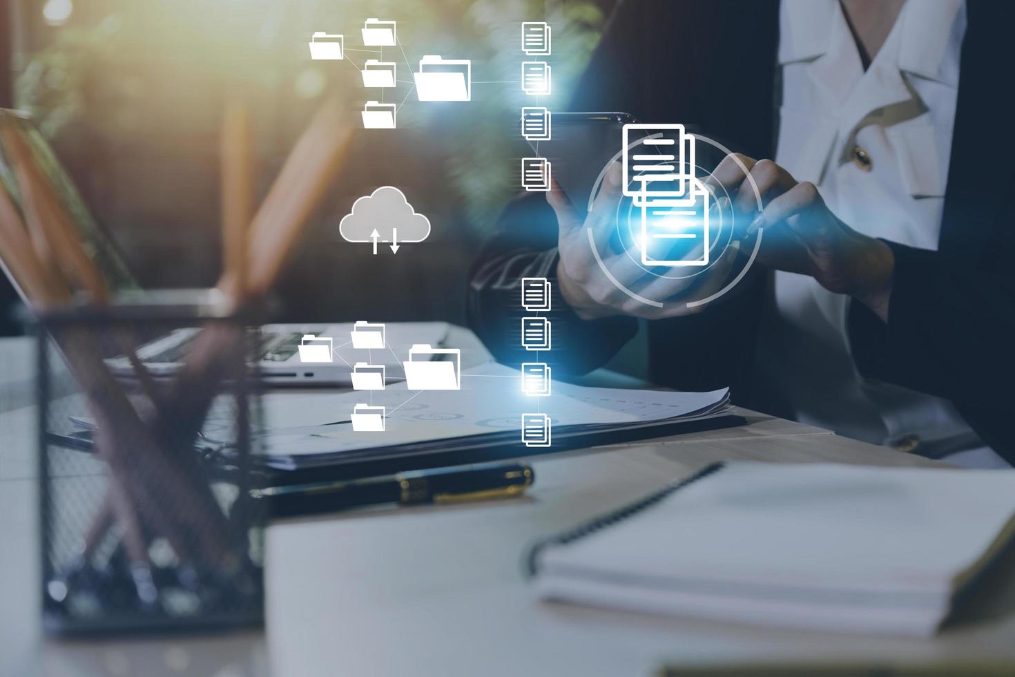 Document Management System , online documentation database and process automation to efficiently manage files, knowledge and documentation in enterprise with ERP. Corporate business technology. photo