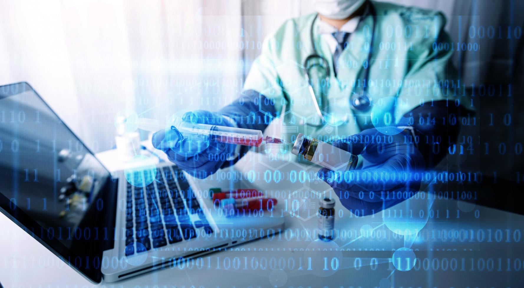 Medicine doctor hand working on a patients x-ray scans digital healthcare and connection with modern virtual screen interface icons, Medical technology and network concept. photo