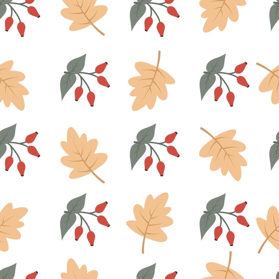 Seamless cozy autumn pattern with maple leaves, twigs and rosehip berries. Vector illustration for warm falling, printing on clothes, packaging, fabric, paper.