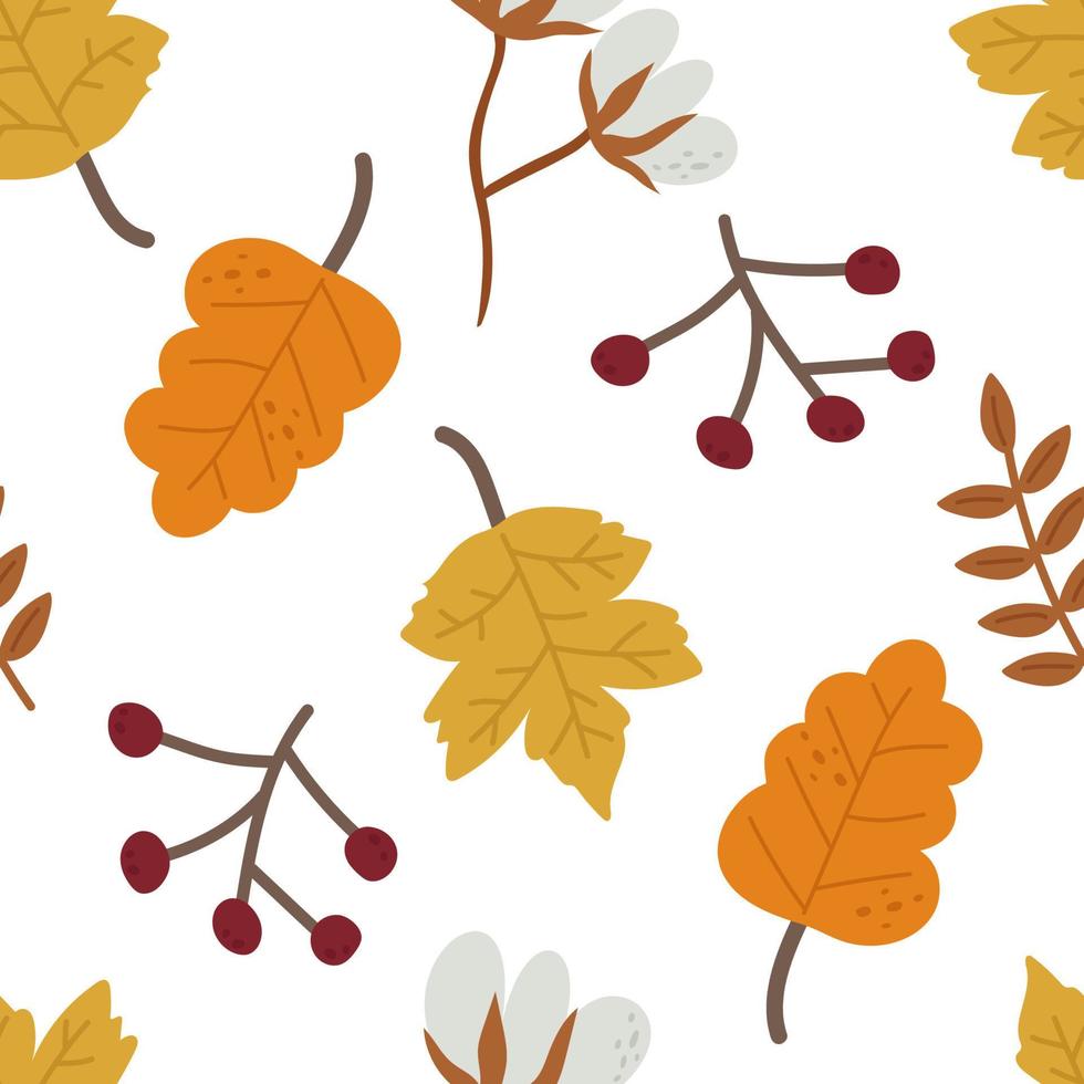 Seamless cozy autumn pattern with open cotton boxes, twigs, berries and leaves. Vector illustration for warm fall, printing on clothes, packaging, fabric, paper.