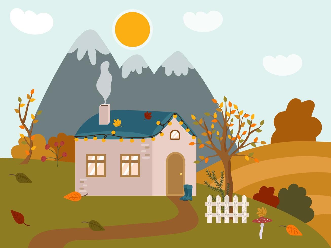 Autumn cozy rural house in the mountains. Cute rustic landscape with a white fence, tree, bushes, lawn. Vector illustration of a falling day outside the city.